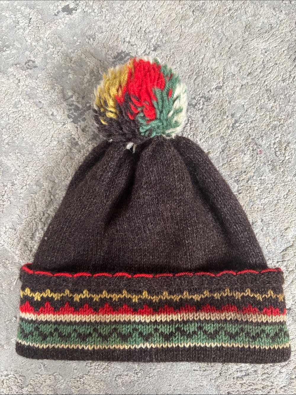 VINTAGE Pom Pom hand knitted Beanie Hat in Brown with Red, Green & Yellow